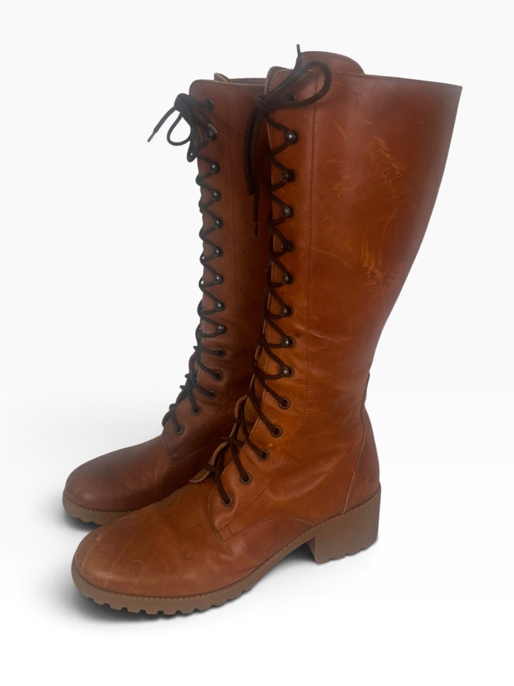 Vintage J Crew Campus Boot Womens 10 Tall Leather Lace Up Cognac Brown Boho Prep